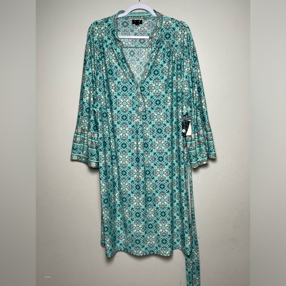 Tacera Plus Size Tunic Torquoise  Dress Bell Sleeves Women 3X Boho Belt Stretch - Picture 1 of 8